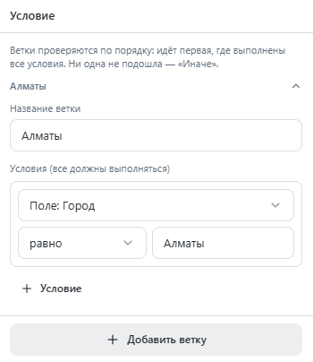 Шаг Условие: ветка Алматы с условием Поле Город равно Алматы